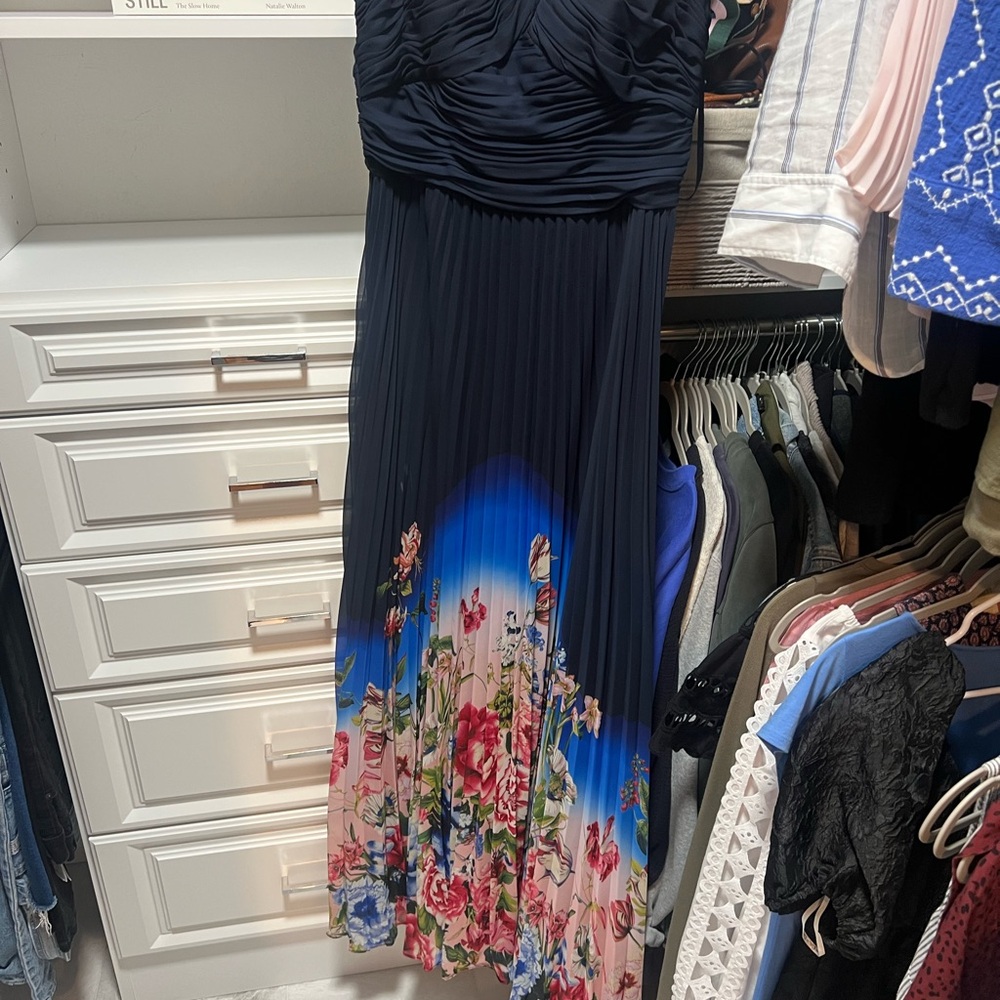 Xscape Strapless Navy and Pink Floral Dress